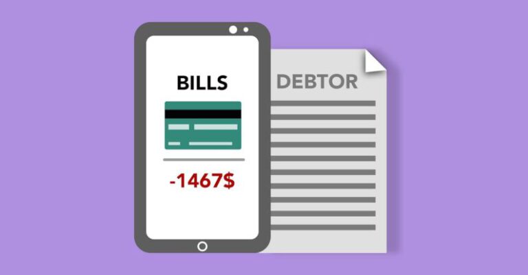 Debtors - Vector illustration of smartphone with credit card picture and bills inscription placed near debtor document against purple background